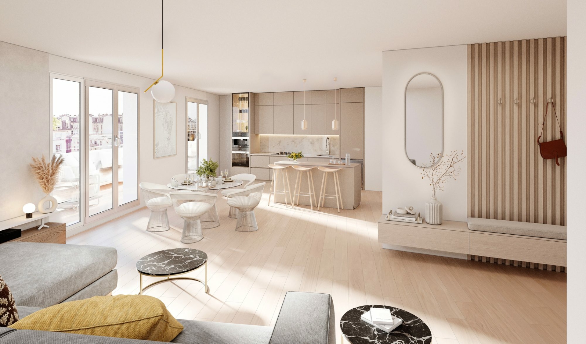 Séjour lumineux d'un appartement neuf à Asnières