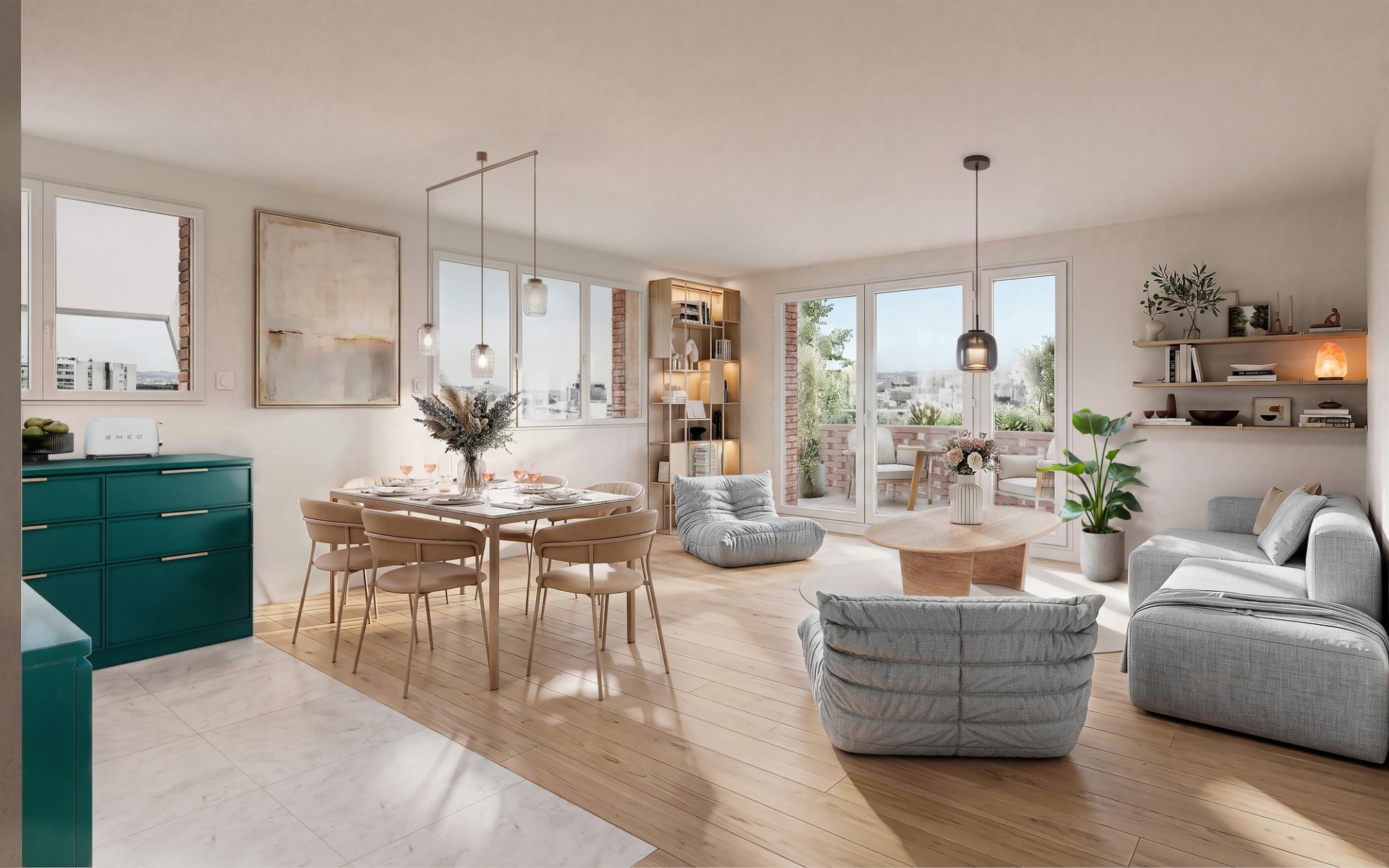 Séjour lumineux d'un appartement neuf à Paris 18e