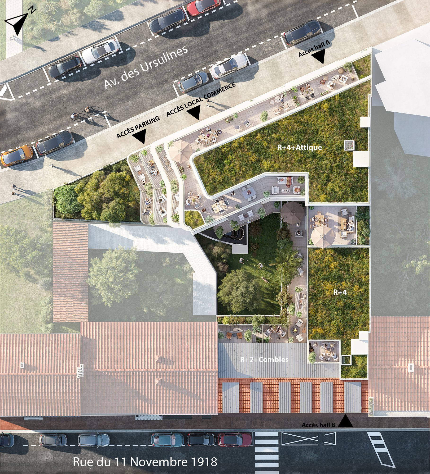 Vue aérienne de L'Atrium et de son jardin en cœur d'îlot, Poissy